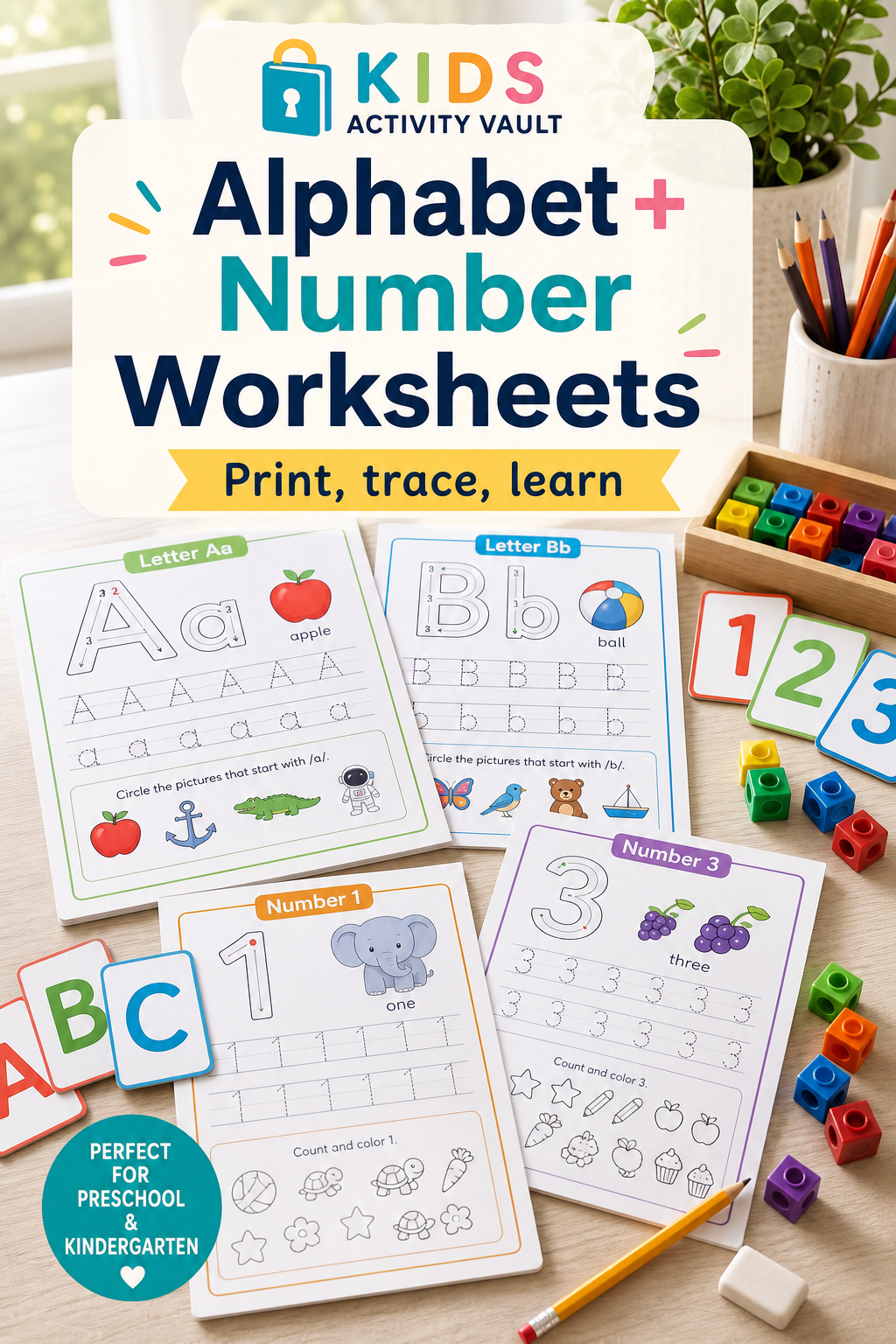 Alphabet and Number Worksheets Pinterest-style printable preview