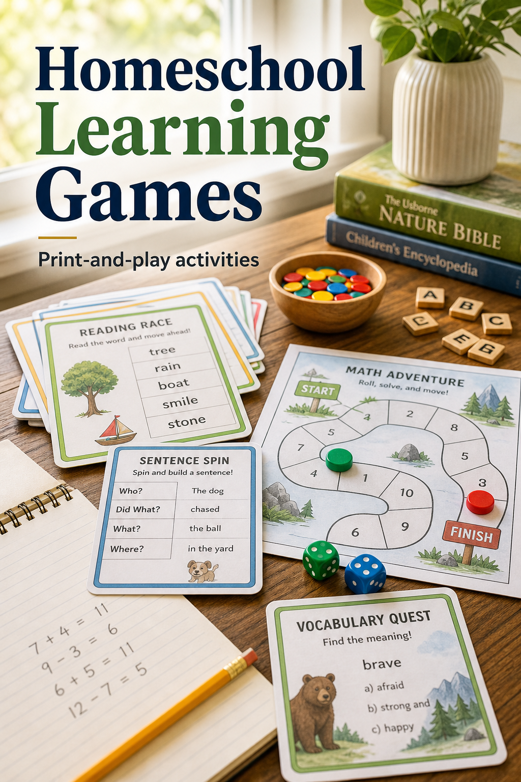 Homeschool Learning Games Pinterest-style printable preview